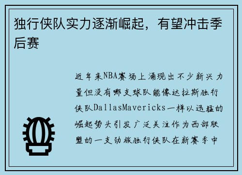 独行侠队实力逐渐崛起，有望冲击季后赛